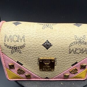MCM Beige and Pink Clutch with Gold Accents